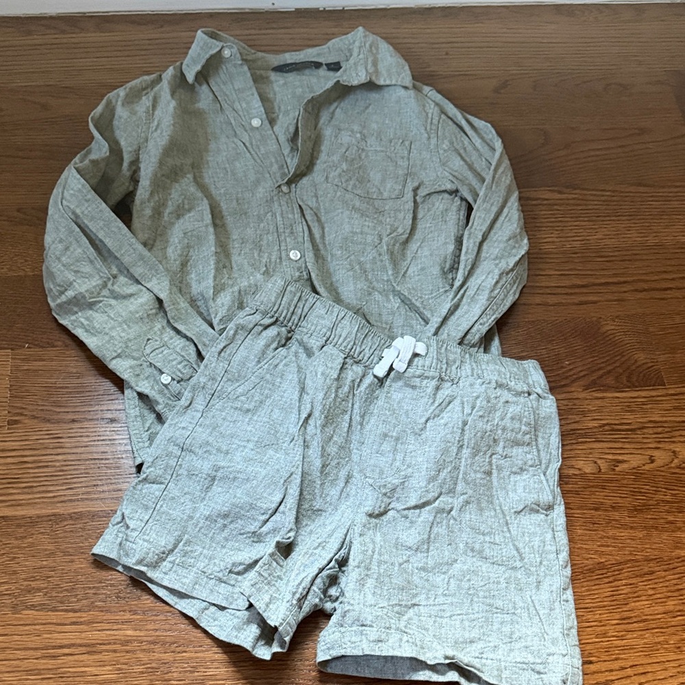 Janie and Jack Linen-Look Button-Up Shirt & Elastic Shorts Set - Light Sage